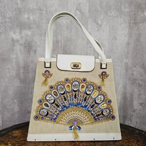 Vintage 60s Handmade DIY Beaded‎ Embroidered Purse Handbag Fan Design